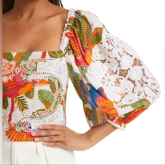 Farm Rio Forest Birds Smocked Lace Square Neck Crop Top Size Medium Size NWT - Picture 3 of 9